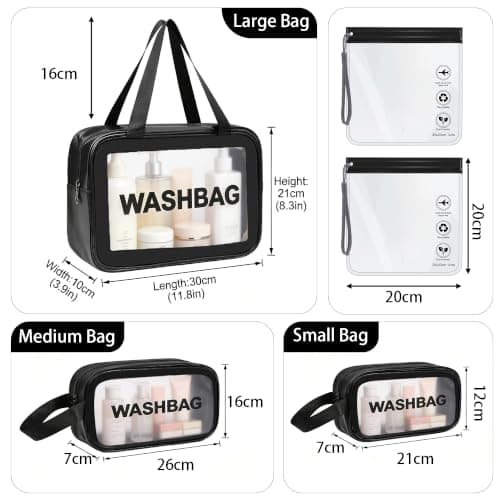 WUBAYI 5Pcs Clear Toiletry Bag, Waterproof PU Makeup Bag with Zipper Handle, Portable Airport Cosmetic Bag for Women & Men, Travel Accessories Wash Bag for Travelling & Holiday (Black) — view 2