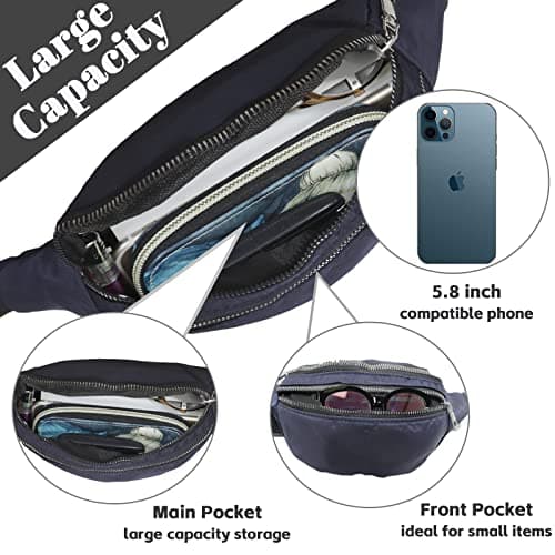Blue Bum Bag Fashion Waist Pack Bumbag for Women Men Lightweight Fanny Pack with 2 Zip Pockets & Adjustable Strap, Large Belt Bag for Dog Walking Running Hiking Jogging — view 2