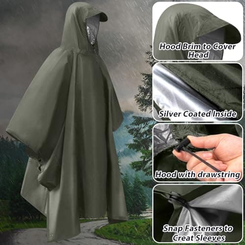 Dr.Fish Waterproof Rain Poncho for Adults, Lightweight Hooded Rain Coat Jacket with Pockets, Breathable Ripstop Rainwear for Hiking Camping Cycling, Packable with Storage Bag Green-Sliver — view 4