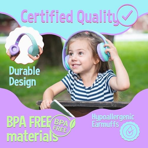 PowerLocus P2 Kids Headphones Wireless, Bluetooth Headphones for Kids Over Ear with Volume Limit 85DB, Built-in Microphone, Foldable, Carry Case, Micro SD/TF for iPhone/iPad/Laptop/PC/TV — view 3