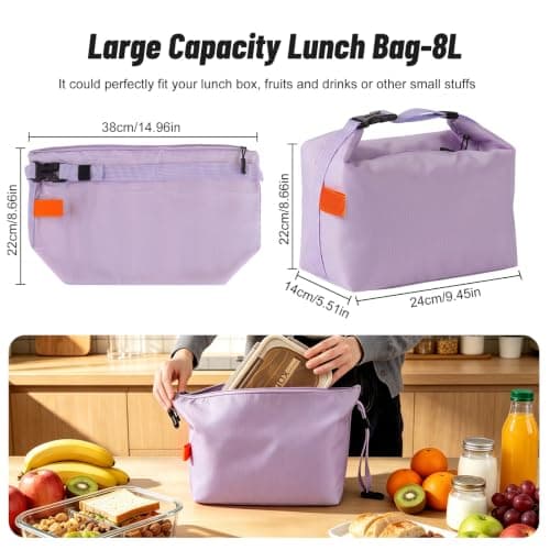 Aucuu Insulated Lunch Bag, Reusable Lunch Bags, Leakproof Lunch Box Tote Bag, Large Capacity Cooler Bag, Thermal Food Bag for Office School Picnic-8L (Purple) — view 2
