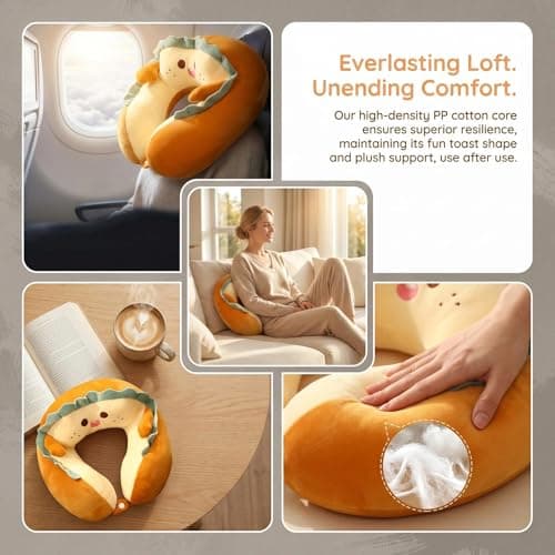 HUANYO Cute Toast-Shaped Memory Foam U-Shaped Neck Pillow – Ergonomic Support for Head, Neck & Chin – Soft Travel Pillow for Airplane, Car, and Office – Adorable Bread Design — view 5