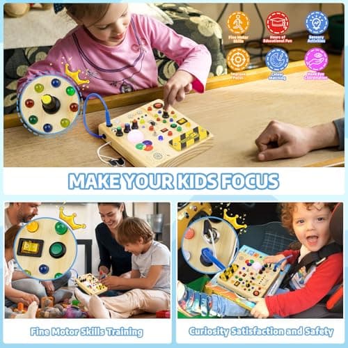 Konijiwa Montessori Busy Board Baby Toys for 1 Year Old with 13 Switches 24 LED Lights Switch Sensory Travel Wooden Activity Learning Toy 1 2 3 Years Old Baby Boys Girls Gifts — view 5