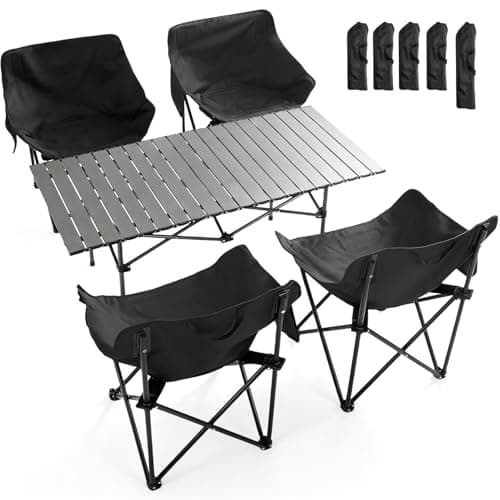 Warmiehomy Garden Table and Chairs Set 4, Foldable Camping Table Set, Camping Table and Chairs, Carbon Steel Folding Table and Chairs with Side Pocket & Carry Bag for Indoor Outdoor BBQ (95cm Table)