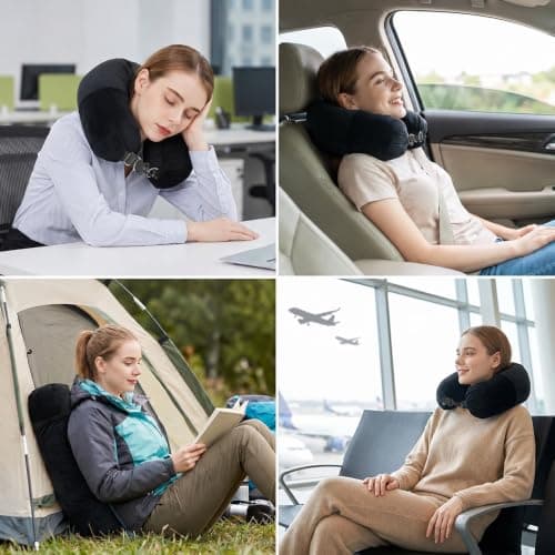 Inflatable Travel Pillow, Black Portable U-Shaped Neck Pillow for Aeroplane Flights Car Train Office, Soft Multifunctional Head Rest Cushion with Compact Carry Bag for Adults Kids Long Journey Sleep — view 6