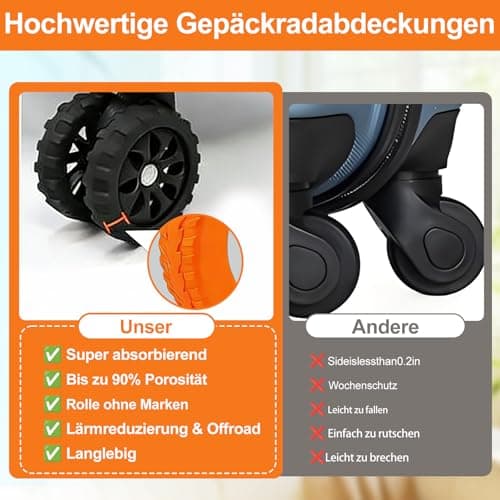Oiieco Luggage Wheel Protectors, 8 PCS Silicone Wheel Covers for Suitcases, 50-60mm Spinner Wheels, Anti-Noise Shock Absorbing Caster Covers, Black & Orange — view 5