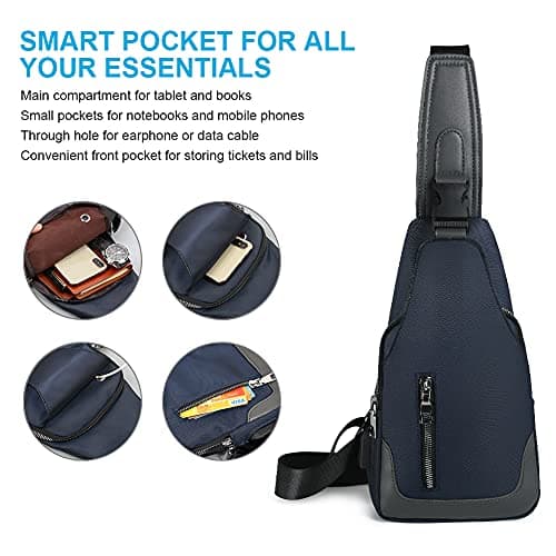 Aucuu Men's Chest Bag, Waterproof Shoulder Bag, Leisure Chest Bag with USB Charging Port, Travel Backpack for Hiking, Cycling, Travel, Camping (with 1 x USB), Blue, 54 — view 3