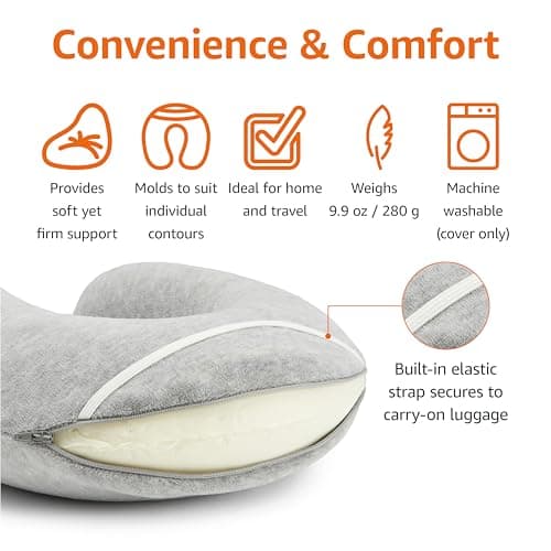 Amazon Basics Travel Pillow, Memory Foam Neck Pillow For Travel, Machine Washable Cover with Elastic Carrying Strap, 30.5 x 30.5 x 9.6 cm, Grey — view 2