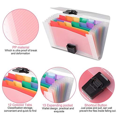 4 Pack Mini Document File A6 7.1 x 4.45 x 1.1 Inch Rainbow Expanding Folder 13 Pocket File Organizer 12 Labels Index — view 2