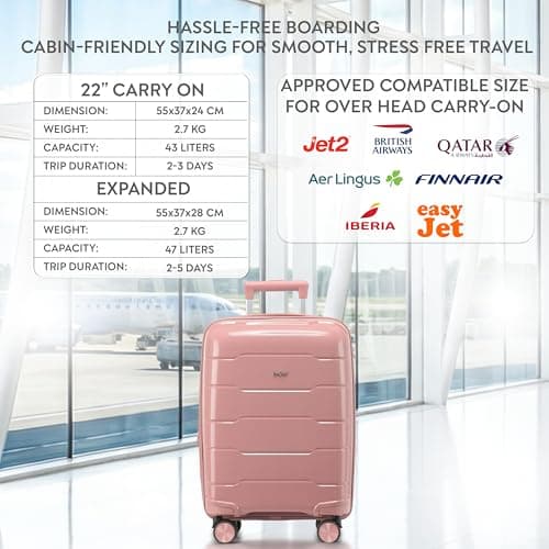 CRUW Hand Luggage 22" Expandable Lightweight Cabin Bag TSA Approved Lock, Silent Wheels Durable Polypropylene Luggage Suitcase Fits 56x45x25cm Overhead Carry On Limit for easyJet, BA & Jet2. — view 3