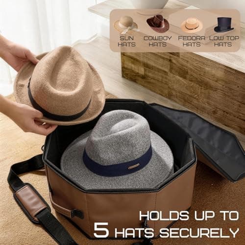 WERNNSAI Hat Storage Box for Travel, Structured Hat Organizer with Padded Shoulder Strap, Men Women Faux Leather Travel Case with Lid for Cap Closet Bedroom Dorm — view 4