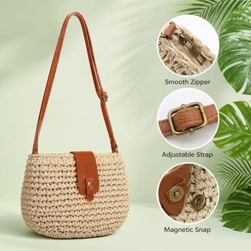 Celsano Straw Bags for Women UK, Summer Bohemian Straw Crossbody Bag with Zipper Handmade Weave Straw Small Beach Bag with Adujustable Strap for Beach Holiday Vacation Travel — view 5