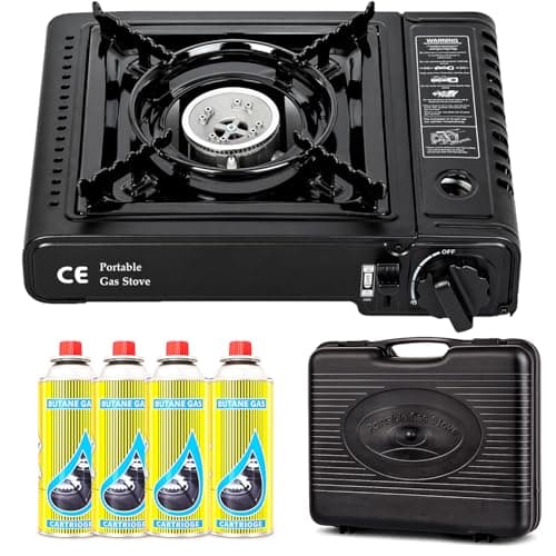 Greenfields Portable Camping Stove Gas Cooker with Piezo Ignition, Compact Butane Burner with Carry Case, Adjustable Flame Outdoor Cooking Stove Camping Picnic Travel (Camping Stove + 4 Butane Gas)