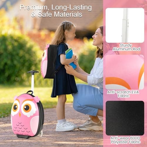 HOMFME 2 PCS Kids Luggage Set, Children Suitcase and Backpack Set with Adjustable Handle and Universal Wheels, Hard Shell Toddler Trolley Case for Travel School (12 + 16 Inch, Pink Owl) — view 6