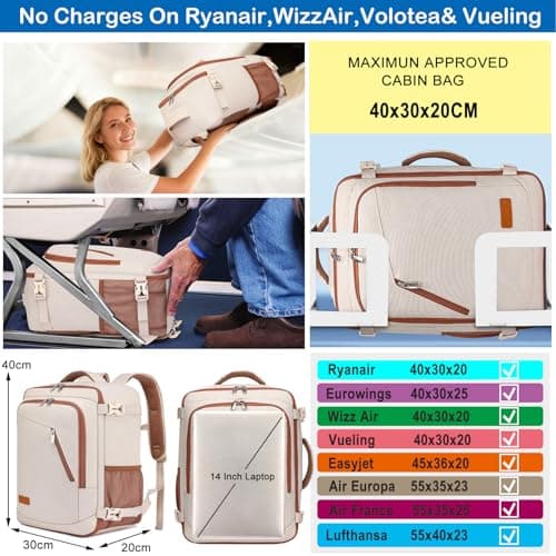 Ryanair Cabin Bags 40x30x20 Underseat 24L Small Travel Backpack for Women Hand Luggage Backpack Carry-ons Bag Cabin Size for Airplanes Flight Bag Travel Rucksack with USB Charging Port,Beige-brown — view 2
