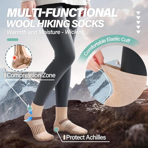 MOSEY KOSY 6 Pairs Merino Wool Socks Women Men Unisex Quarter Running Walking Hiking Work Thermal Winter Warm Compression Support Breathable Thick Cushion Socks(Beige Series,3-7) — view 3