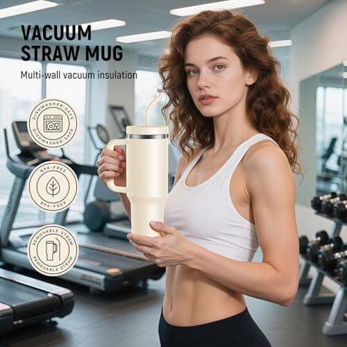 LEIKEEGO Travel Mug Coffee Cup, 1200ml/40oz Tumbler with Straw and Lid, Stainless Steel Double Wall Vacuum Insulated Coffee Cup with Handle-Keeps Cold for 24H-Hot for 12H(Cream Tonal) — view 4