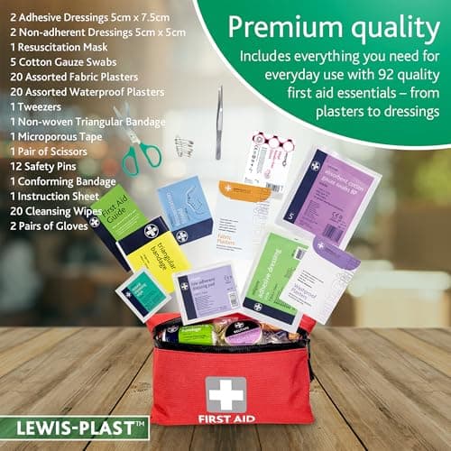 Lewis-Plast Premium 92 Piece First Aid Kit - Safety Essentials for Travel, Car, Home, Camping, Work, Hiking & Holiday Red , Small — view 4