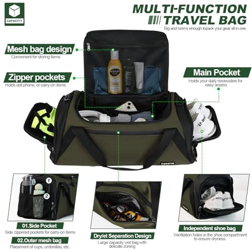 FIORETTO 45L Mens Sports Gym Bag with Wet Pocket & Shoe Compartment, Travel Duffle Bag Overnight Bag with Padded Shoulder Strap, Water-Resistant Holdall for Swimming, Basketball, Football Army Green — view 3
