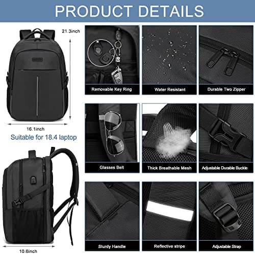 18.4 Laptop Backpack,Extra Large Travel Backpack for Men 55L,Water Resistant Laptop Backpack Work bag with USB Charging Port Business TSA Approved Computer Rucksack for Men Women College School,Black — view 4