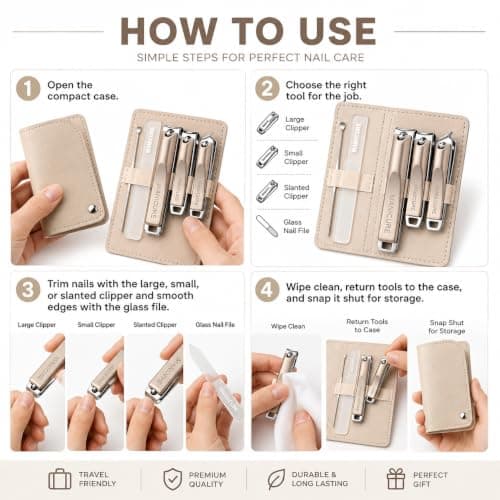 5PCS Manicure Set, Stainless Steel Nail Clippers Kit with Glass Nail File, Portable Pedicure and Grooming Tools in PU Leather Case for Travel and Home - Beige — view 6