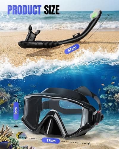 Dry Snorkel Set for Adults, Panoramic Anti-Fog Scuba Mask with Upgraded Tempered Glass, Dry-Top Leak-Proof Breathing System, Wide-View Snorkeling Gear for Adults & Teens – Black — view 6