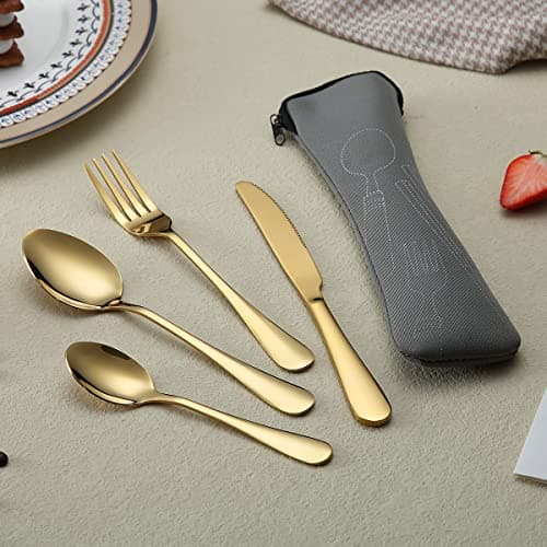 Evanda Portable Utensils, Travel Camping Cutlery Set, Stainless Steel Flatware Set Travel Silverware Dinnerware Set Fork Spoon Knife with a Portable Case (Gold) — view 3
