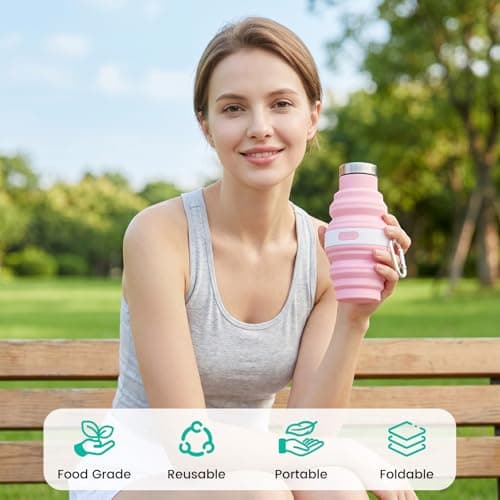 Huiguli 2-Pack Collapsible Water Bottle 475ml, Silicone Foldable Portable Bottle with Stainless Steel Lid, Reusable Leak-Proof for Travel Hiking Camping, Pink+Blue — view 4