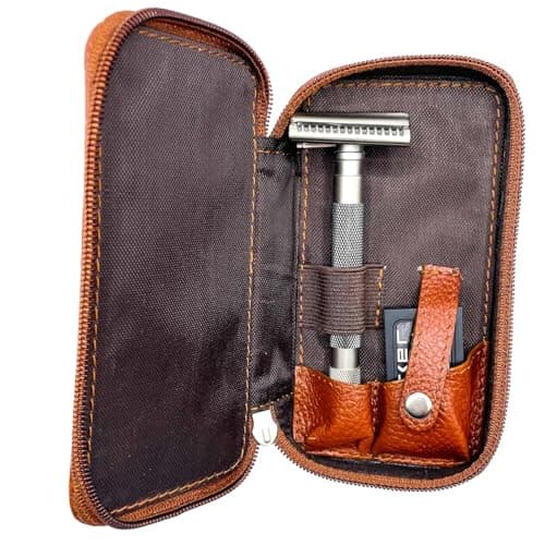 Parker Safety Razor Genuine Leather Double Edge Safety Razor Zippered Travel Case With Compartment For Blades Too - From Saddle Brown — view 5