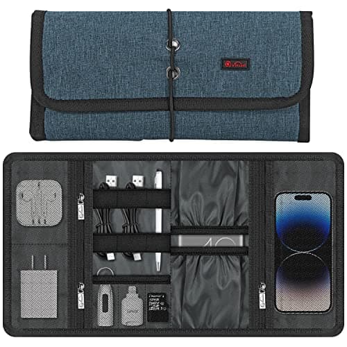 Vinsani Roll Up Accessories Universal Travel Organiser Easy Carry Portable Foldable Make Up Cable Charger Earphones USB SD Card Electronics Essentials Carrying Case – Navy Blue