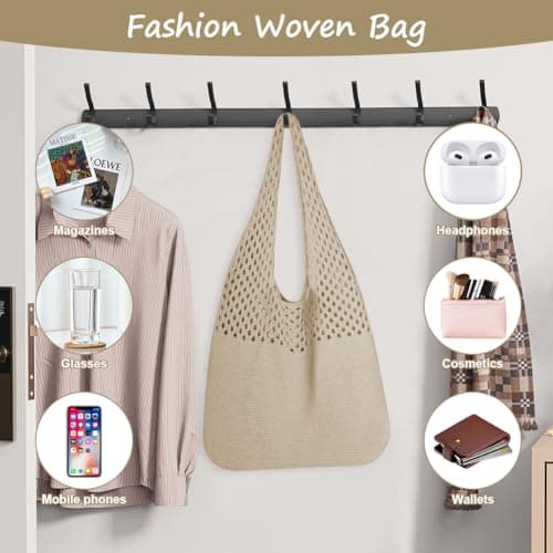 Adiwo Crochet Beach Bag, Knitted Handbags for Women, Retro Hollow Tote Bag, Mesh Beach Bag, Holiday Bags for Women, Bohemian Style for Holiday, Daily Work, Shopping, Travel (Khaki) — view 5