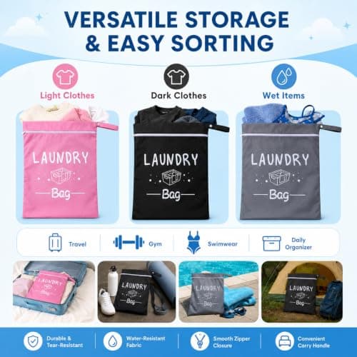 3 PCS Travel Laundry Bag Set, Splash Proof Dirty Clothes Organizer with Zipper and Handle, Portable Laundry Bags for Travelling, Luggage Organizer Bags for Gym & Holiday, 38x48 cm (Pink, Black, Grey) — view 5