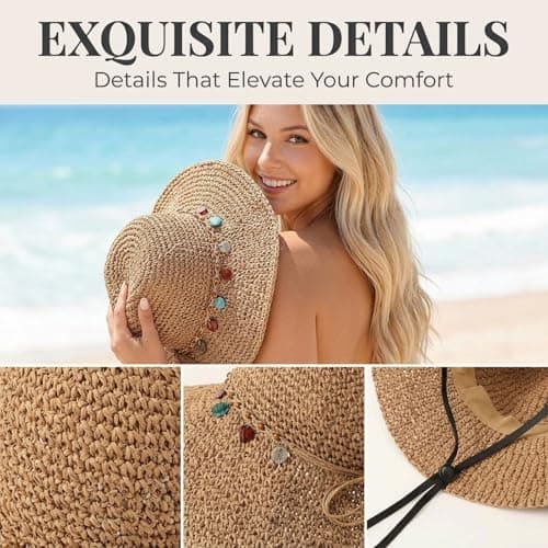 Higijapuf Sun Hats For Women UK, Straw Hat Foldable Summer Cap With UPF 50 Protection, Ladies Sunhat Wide Brim, Beach Headwear With Chin Strap, Packable For Holiday Travel — view 3