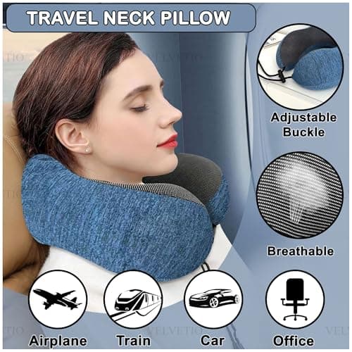 VELVETIO Memory Foam Adult Curved Travel Neck Pillow, Head Support Neck Pillow for Airplane, Soft Removeable Cover Pillow with Eye Mask, Ear Plugs & Carry Bag, Navy/Black — view 2