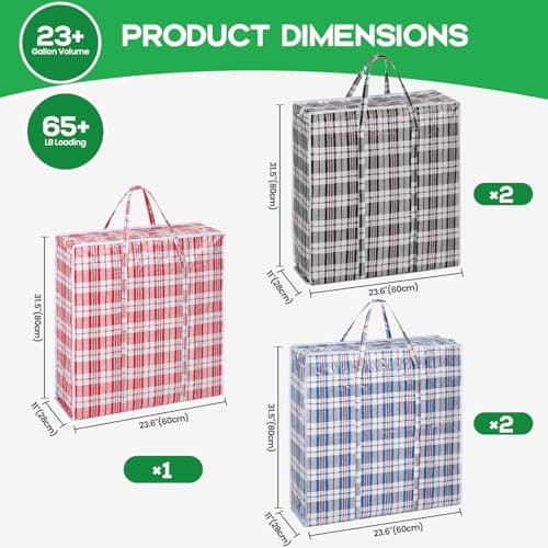 Rainberg 5 PACK JUMBO Storage Bags, 80 x 60cm Strong and Durable Holds up to 35kg, Reusable Laundry Bags with Double Zips, Ideal for Laundry, Moving House, Clothing & Wardrobe Storage — view 2