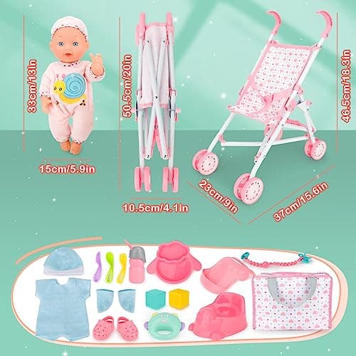 deAO Baby Doll Stroller Set with 13 inch Doll & 18Pcs Pcs (Include Doll) — view 5