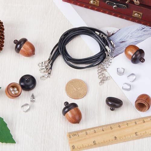 SUNNYCLUE 6 Sets Wood Acorn Box Necklace Making Kit Wood Acorn Charms Wooden Travel Pill Case Autumn Christams Wooden Charm Nut Detachable Nut Box for Jewellery Making Kits — view 3