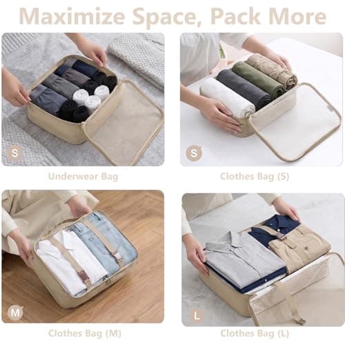 9 Set Packing Cubes for Suitcases, Cream Travel Luggage Organizer Bags Essentials with Shoe Cosmetics Toiletry and Laundry Pouches for Women Men — view 5