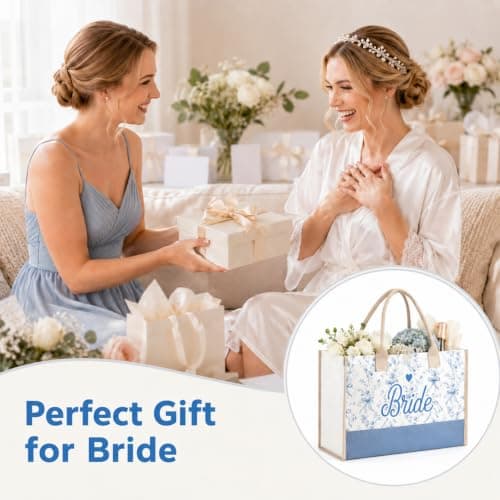 Snowvian Bride Tote Bag, Canvas Tote Bags, Bride to Be Bag for Hen Party Bridal Shower Wedding, Suitable for Travel Beach Holiday Daily Use (White blue) — view 6