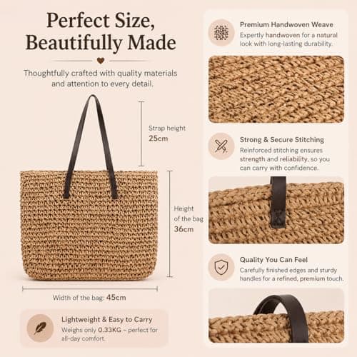 Large Straw Woven Summer Beach/Shopper Tote Handbag (Brown) — view 6