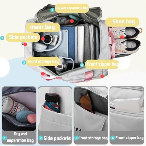 YOUYIKE Sports Bag for Women and Men, Sports Gym Bags, 42L Waterproof Travel Bag, with Shoe Compartment and Wet Pocket, Large Holdall, Cabin, Gym Bags, for Travel, Fitness, Sport, Gray + Pink — view 4