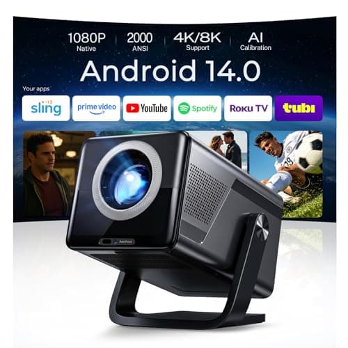 2000 ANSI Native 1080P Smart Projector, 4K Supported, Android 14 projectir Mini Projector with WiFi & Bluetooth, Auto Focus, Keystone, 4k projector Home Cinema for Bedroom & Outdoor projecter X7