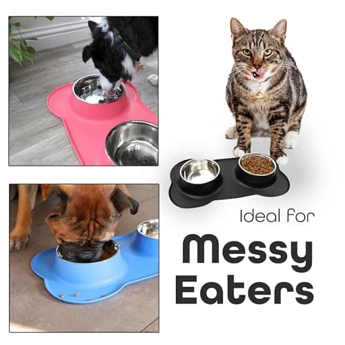 DIVCHI Dog Bowls, Stainless Steel Double Bowl Set for Cats & Dogs, Non-Slip Silicone Mat, Food & Water Feeding Bowls for Puppies, Small Medium Dogs & Kittens (Blue, L) — view 3