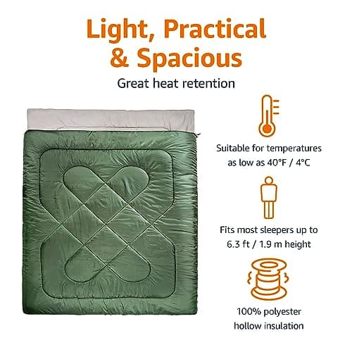 Amazon Basics Lightweight, Warm 3-Season Backpacking Rectangular Sleeping Bag For Camping and Hiking, Two Person Queen Sized, Double, Olive Green — view 3