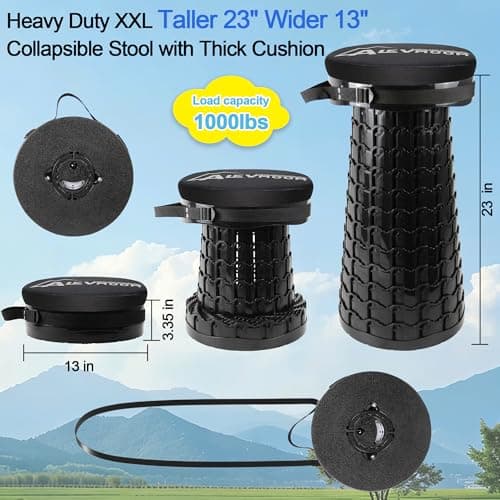 ALEVMOOM 2026 Upgraded XXL Collapsible Stool with Cushion & Bag, Higher 23.2"/59cm Heavy Duty Telescoping Stool Max Load 1000 lbs, Portable Retractable Folding Seat Chair for Camping Travel — view 2