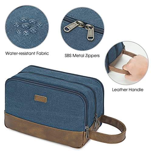 WANDF Toiletry Bag for Men, Travel Wash Bag with Handle, Water-Resistant Canvas Shaving Organiser, SBS Metal Zipper Dopp Kit for Makeup Bathroom Gym (Blue) — view 6