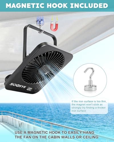 SOQSYS Cruise Approved Fan with 4000mAh Battery, Portable Fan for Cruise Magnetic Hook Included to Hang on Cabin Walls, 5-Speed Tavel Fan for Hotel Bedside Sleeping Cruise Ship Essentials — view 3
