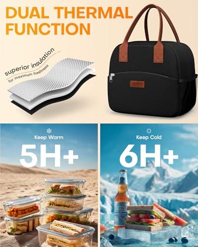 HOTOR Insulated Lunch Bags for Women Men Cooler Lunch Box, Black — view 3
