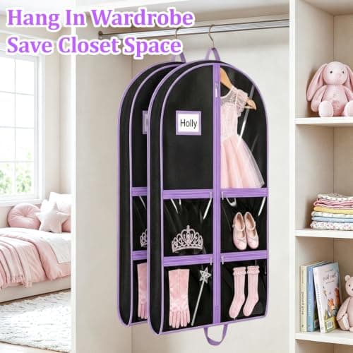 COEWUR Clothes Covers, 2Pack 40 inch Waterproof Hanging Costume Garment Bags with 4 Clear Zipper Pockets and Id Slot Pockets, Foldable Dance Costume Bag for Dancers Travel Competitions (Purple) — view 5