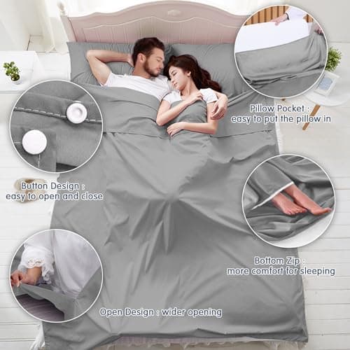 Plliocse Sleeping Bag Liner Travel Sheet Sleeping Bag, Double Size 180 x 210 cm Sleeping Bags Liners with Pillow Pockets for Adults, Travel, Hotels, Business Trip, Camping (Grey, 180cm x 210 cm) — view 4